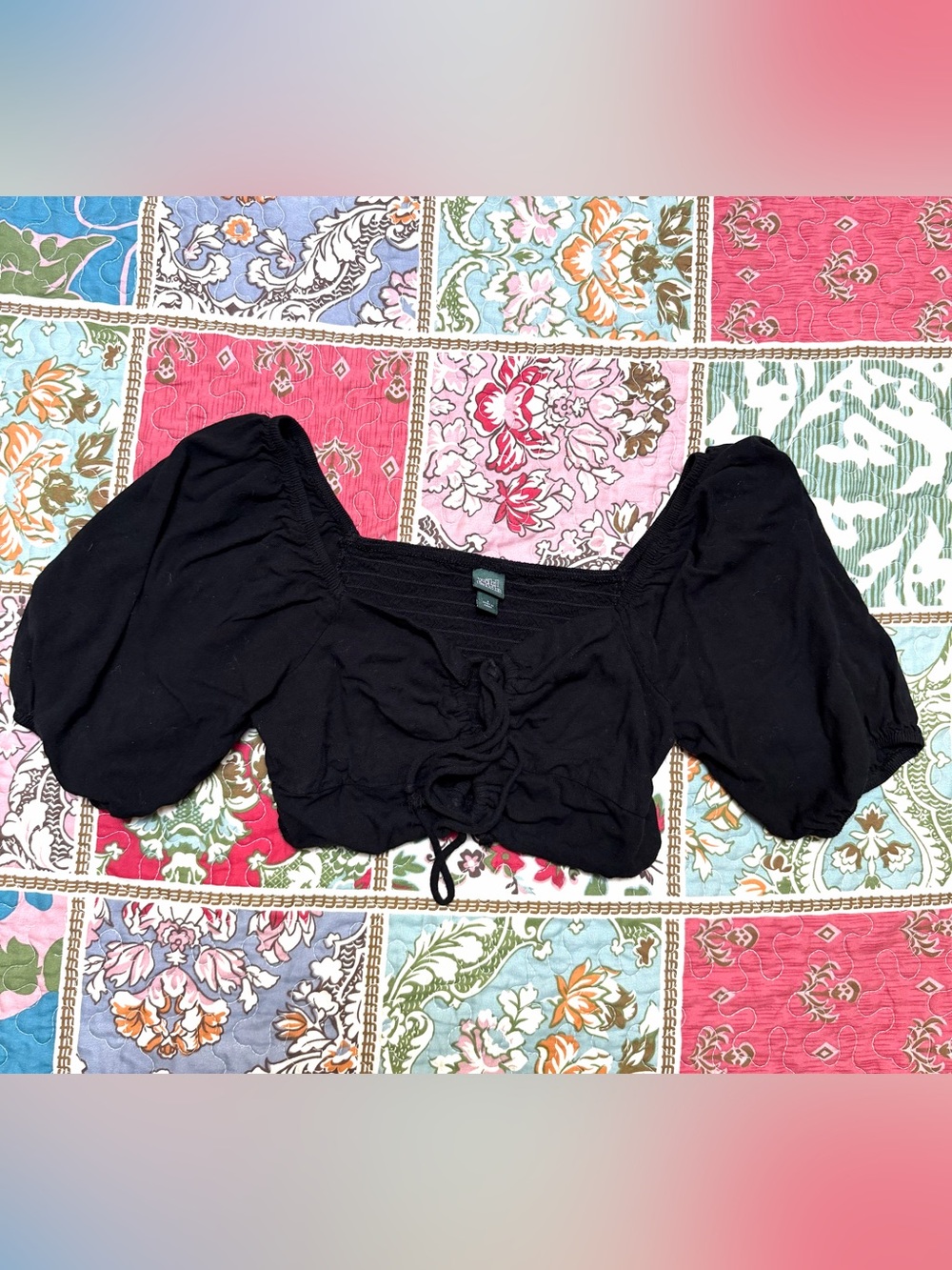 Wild Fable Black Puff Sleeve Cinch Front Crop Top S